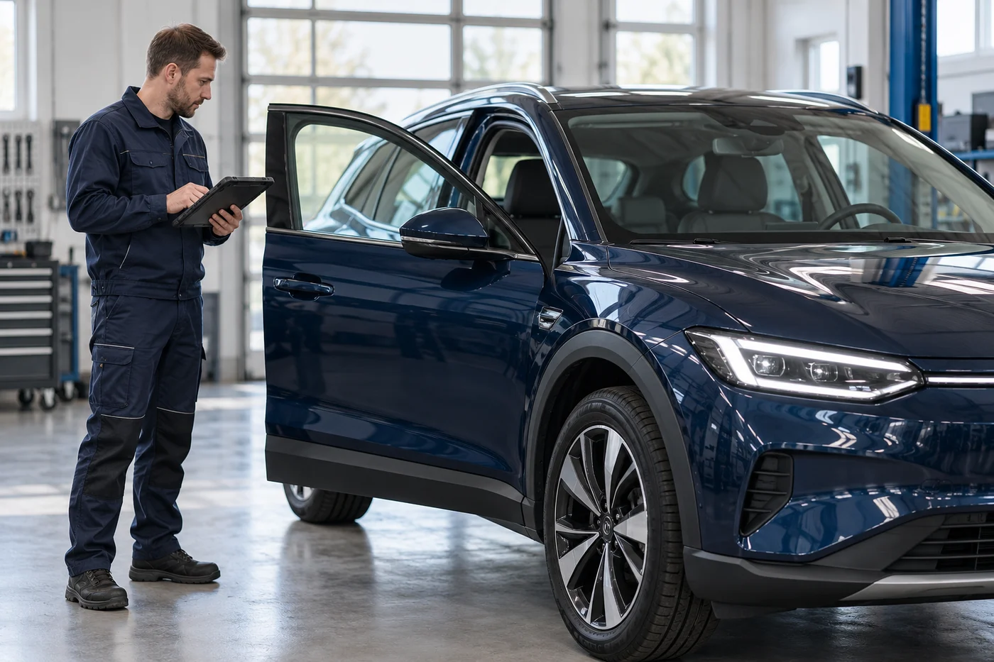 Technik kontroluje elektromobil pomocí diagnostického tabletu
